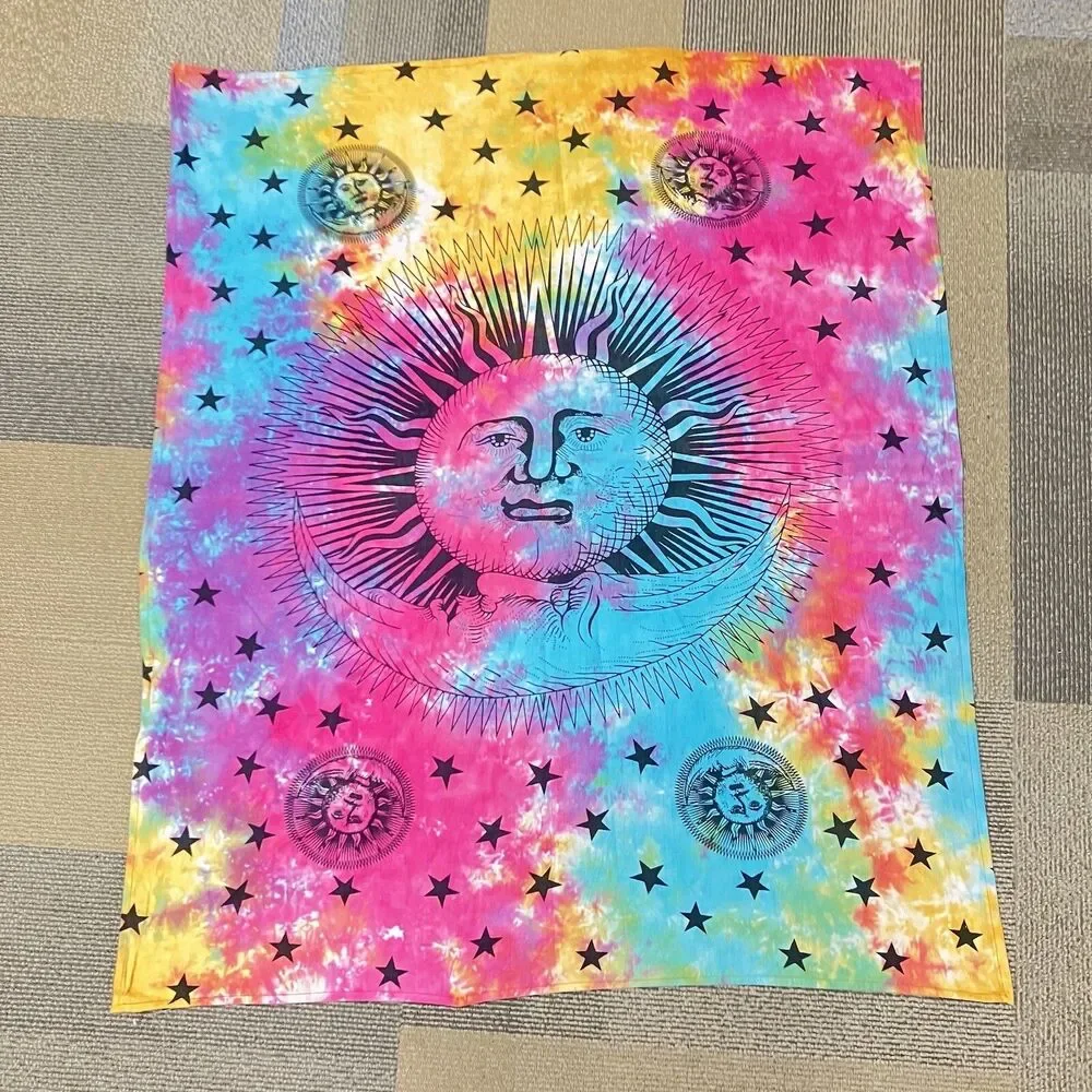 Psychedelic Sun Moon Stars Tie Dye Mandala Tapestry Hippie Hippy Celestial Wall